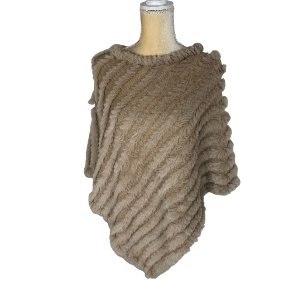 Shebang rabbit fur poncho cape tan wool One Size